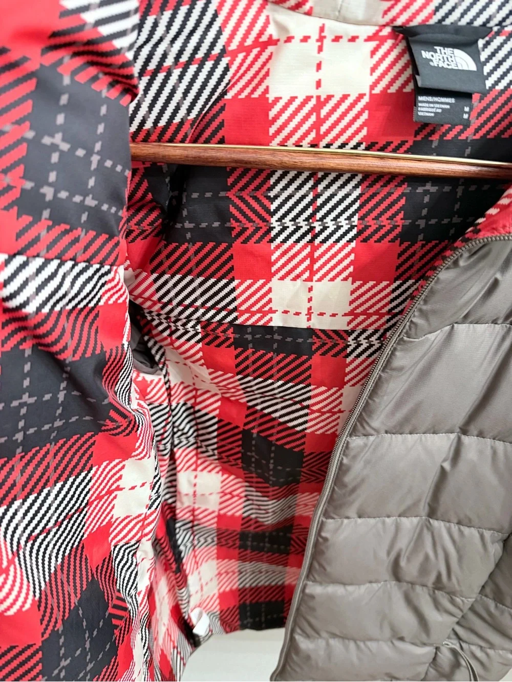 The North Face Men's Taupe Puffer Jacket with Red Plaid Hood Lining